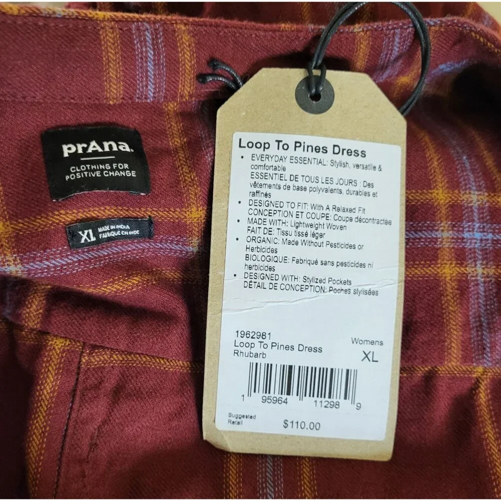 prAna Loop to Pines Shirt Dress Size XL Dark Red Plaid Organic Cotton Flannel - Picture 5 of 5